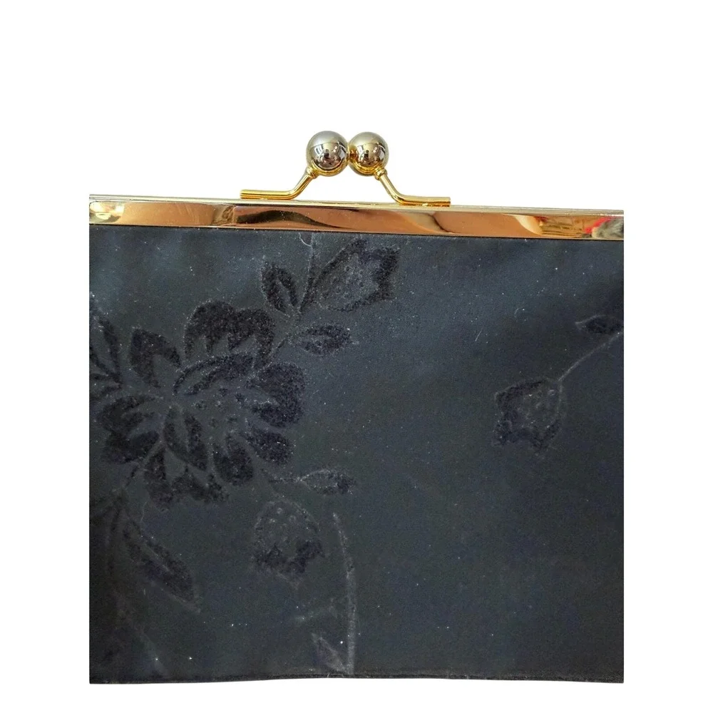 Vintage Evening Clutch Bundle Black Floral Velvet & Gold Metallic Kiss Lock Bag